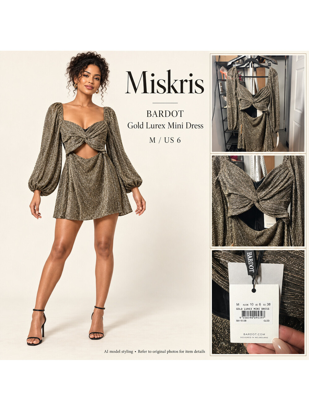Bardot Carina Carnia Gold Lurex Mini Dress M US 6 Cutout Twist Front Long Sleeve